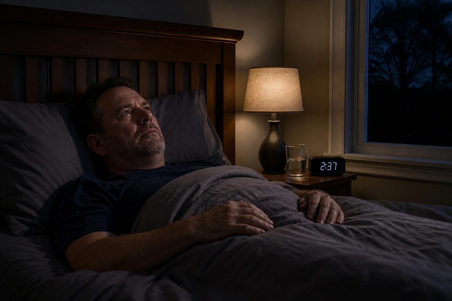 A man engaged in a calm mindfulness or breathing exercise in a serene, comfortable home-like interio A Dayton-area adult lies awake in bed at night beside a lamp and a late-hour clock, showing insomnia rather than daytime meditation.