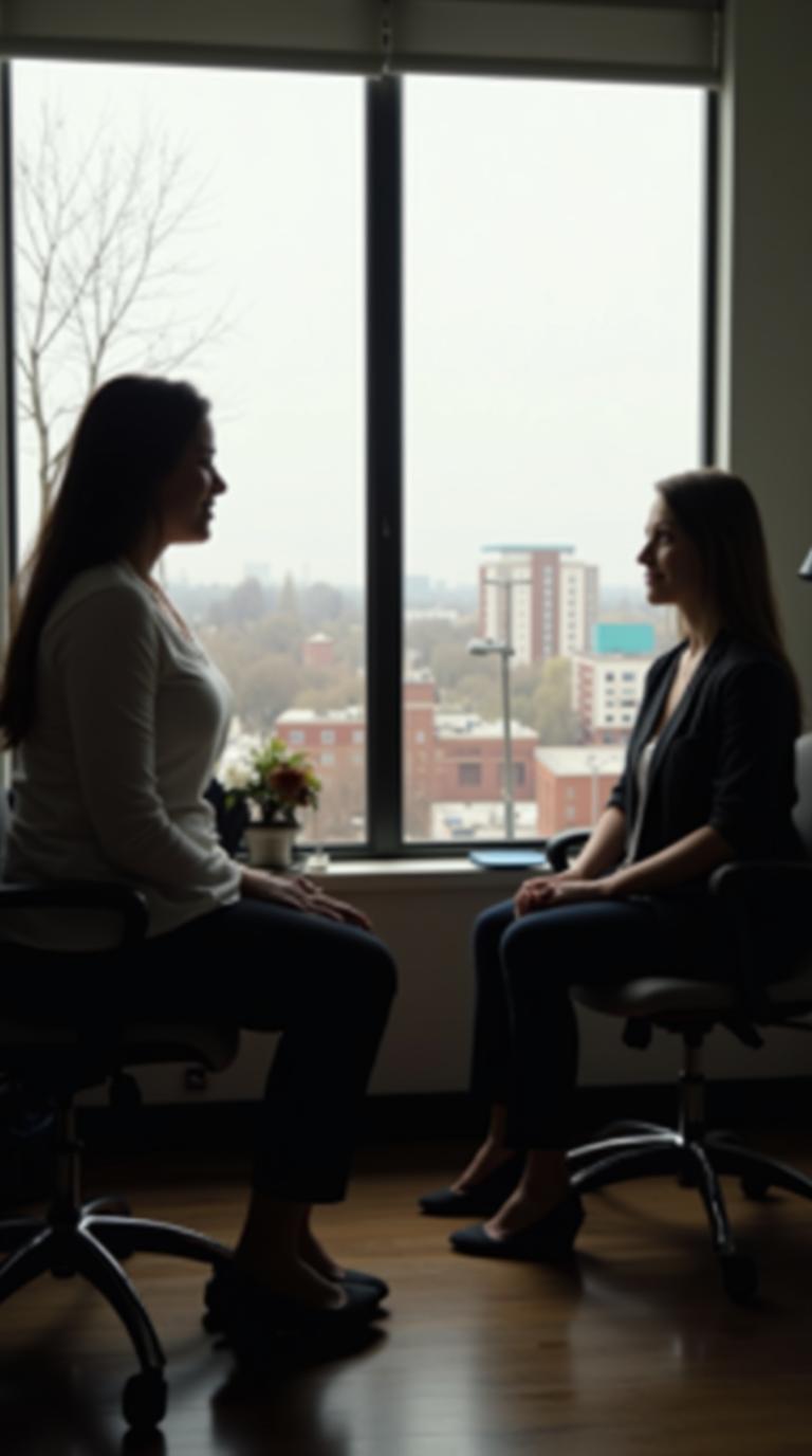 A quiet private-office scene showing a grounded breathing pause and calm response practice for stress. Created for Everleigh Hypnosis readers in Dayton, OH.