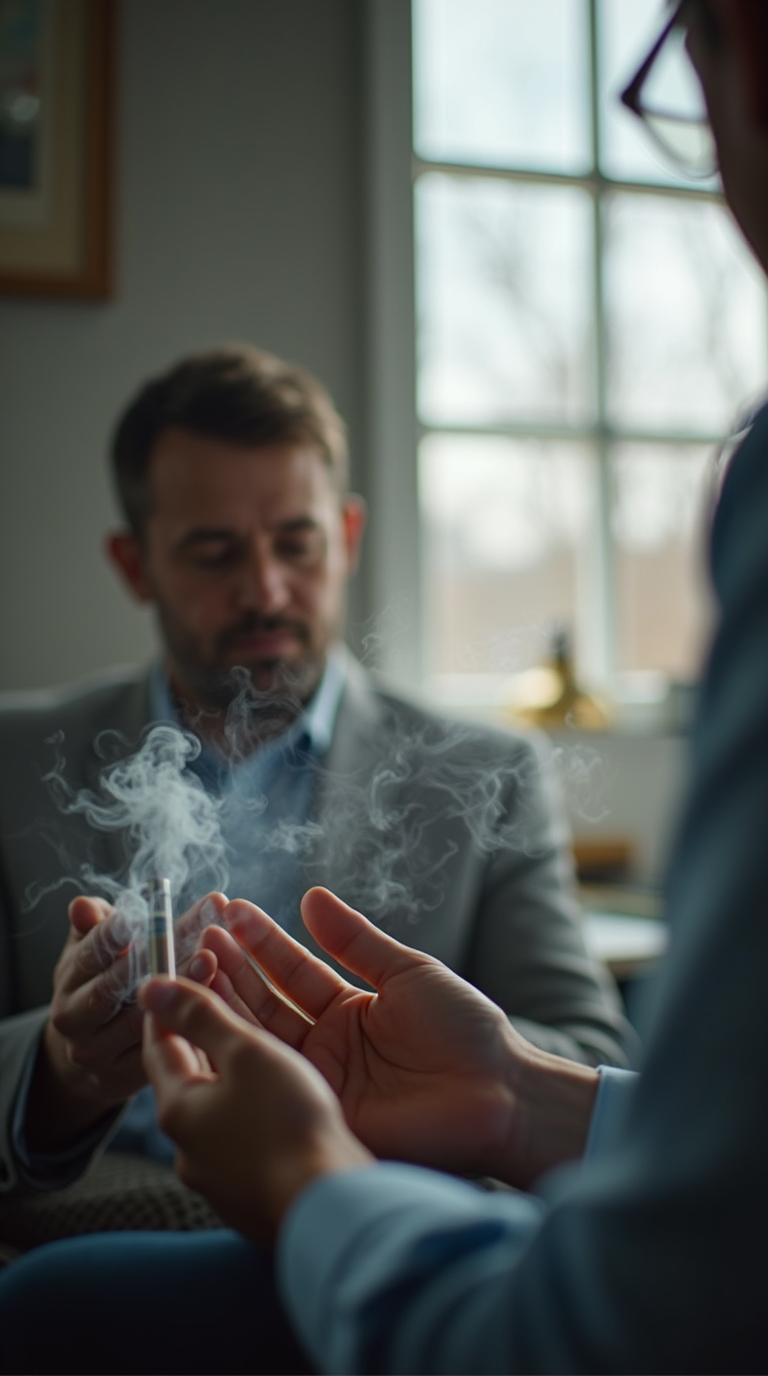 A quiet office scene showing nicotine habit triggers being discussed with a supportive hypnotherapy professional. Created for Everleigh Hypnosis readers in Dayton, OH.