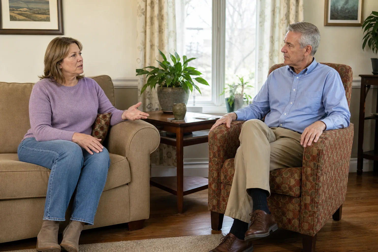 A prospective Dayton-area client sits on a living-room sofa asking a mature, casually professional listener about staying aware and in control during hypnosis.