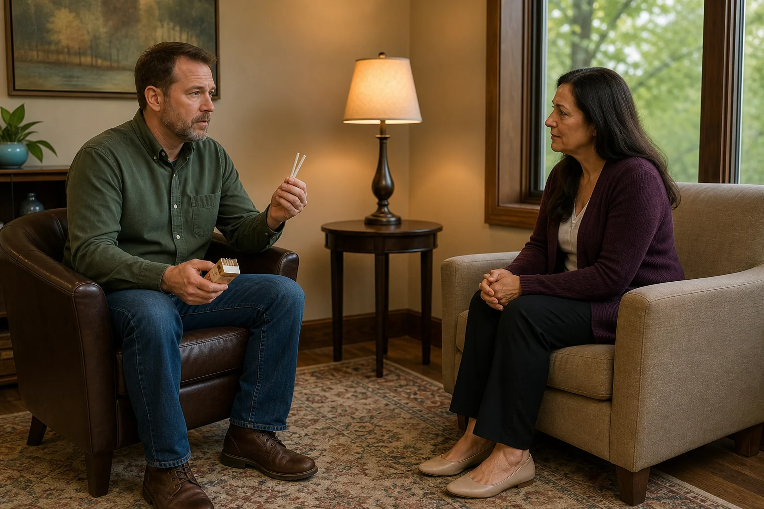 A mature female practitioner is visually explaining or orienting a male client to several distinct h A mature female practitioner is visually explaining or orienting a male client to several distinct hypnotherapy cues—a cigarette pack in a disposal jar, a grounding plant area, and a walking routine setup—evidenced...