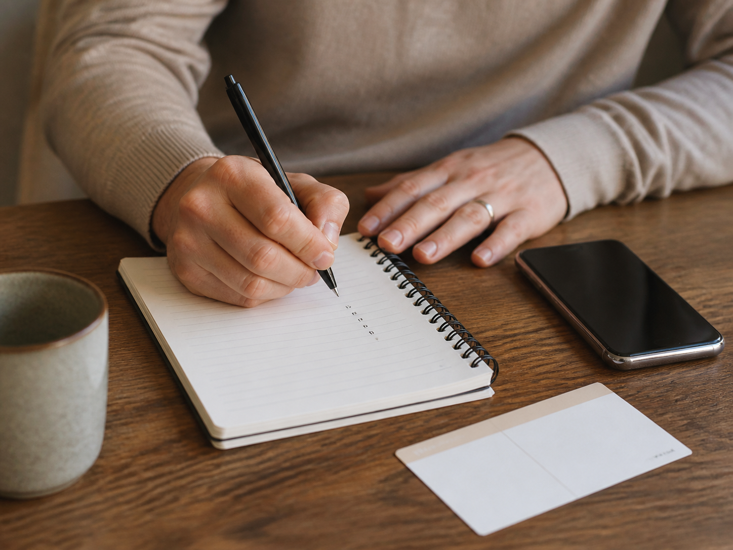 A person writing practical questions in a notebook before scheduling a hypnotherapy appointment