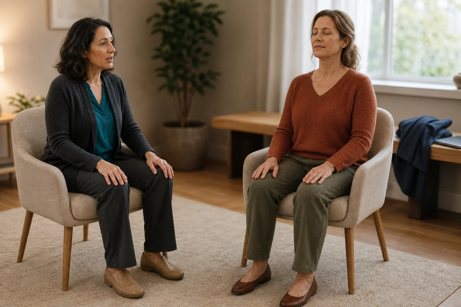 Two full adults sit in a quiet Dayton practice room; one holds a mug and looks out at trees while the other stays present and attentive.
