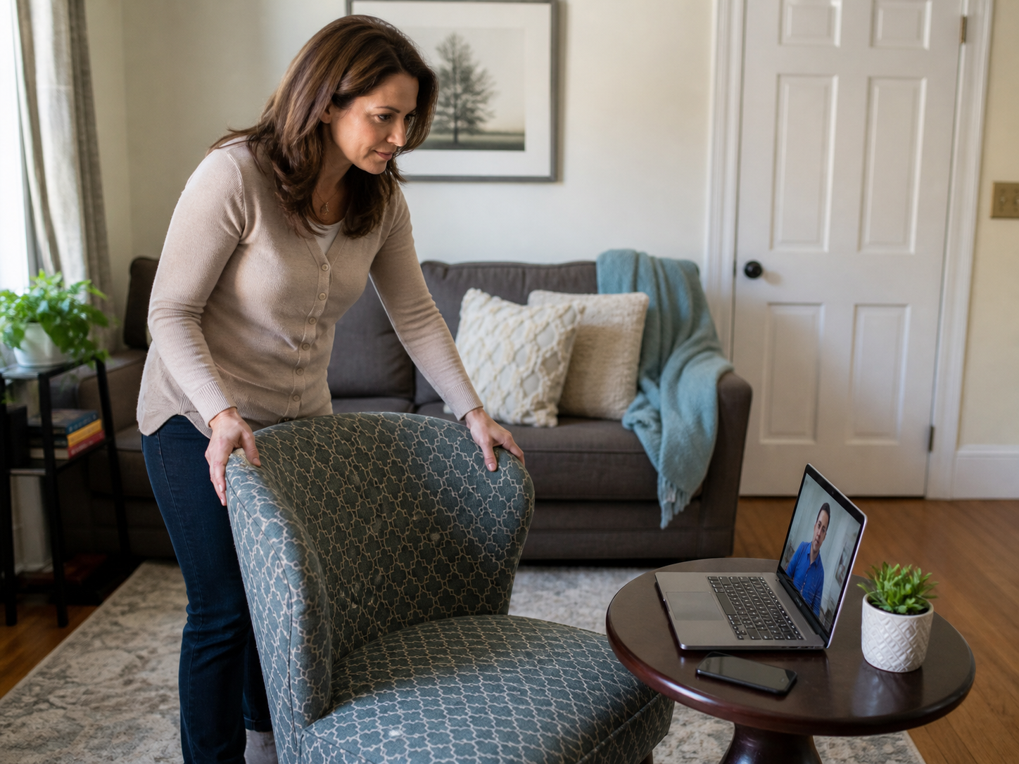 Woman positioning a chair and laptop before a private virtual hypnosis appointment