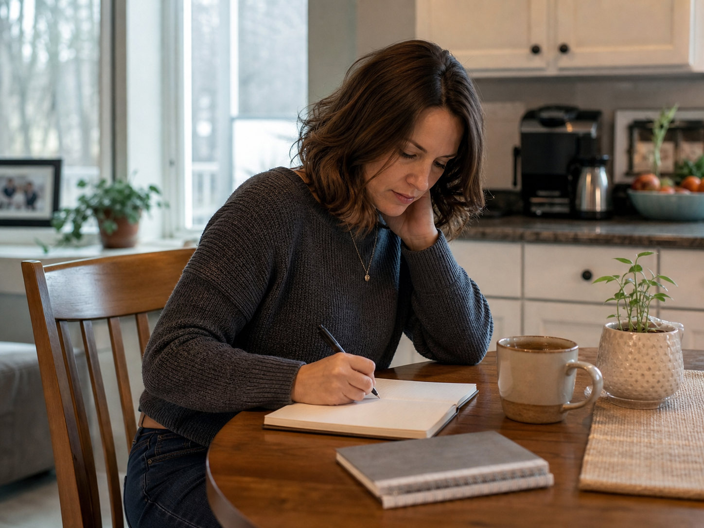 Woman writing questions in a notebook while preparing for a confidence consultation